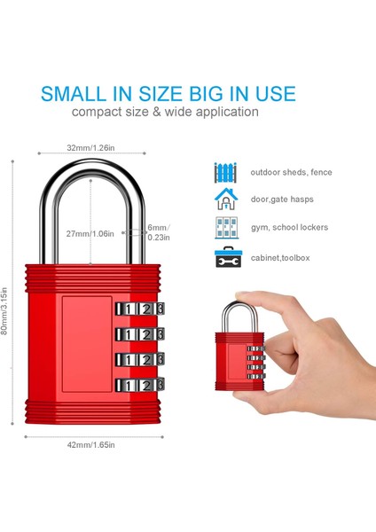 Dış Mekan Şifreli Kilit, Spor Salonu Dolap Kilidi, Spor Salonu, Okul, Çit, Kapı, Hasp Depolama Için 4 Haneli Sıfırlanabilir Asma Kilit Kombinasyonu (Kırmızı) (Yurt Dışından)