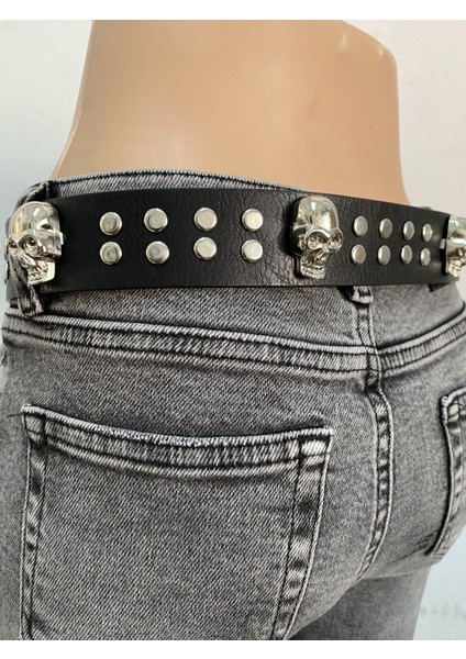 4.cm Gümüş Renk Rivet&kuru Kafalı Punk Metalci Kemer