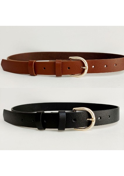 Hakiki Deri Kadın Kemer 2'li Gold Tokalı Siyah ve Taba Renk