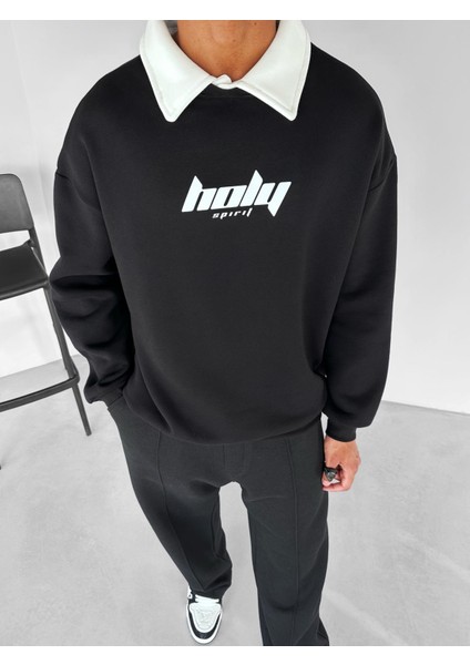 Oversize Polo Yaka Sweatshirt Siyah