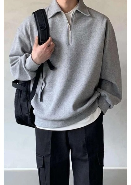 Oversize Polo Yaka Yarım Fermuarlı Sweatshirt Gri