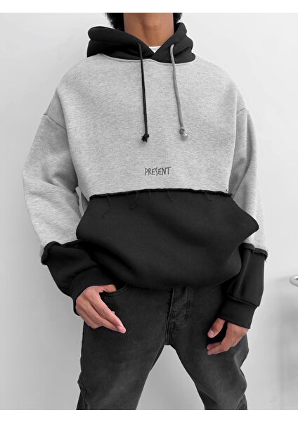 Abluka Online Oversize Çift Renkli Kapüşonlu Sweatshirt Gri