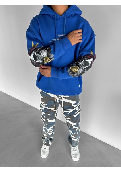 Oversize Feeling Skull Baskılı Sweatshirt Mavi