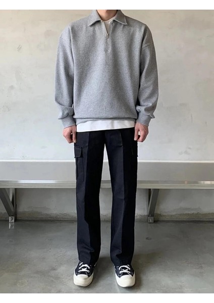 Oversize Polo Yaka Yarım Fermuarlı Sweatshirt Gri indirimleri