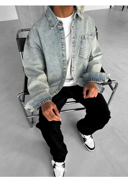 Oversize Cepli Denim Gömlek Buz Mavi