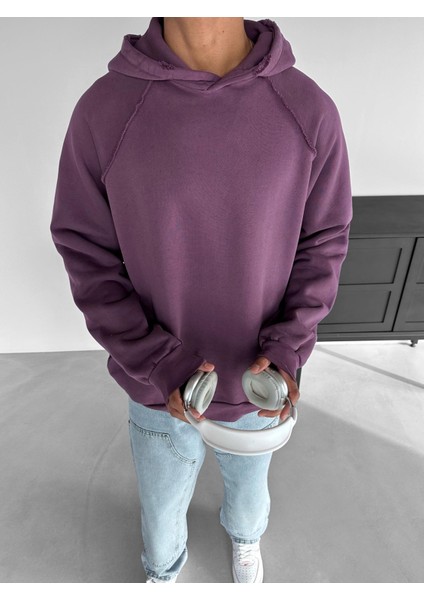 Oversize Yıkamalı Kapüşonlu Sweatshirt Mor