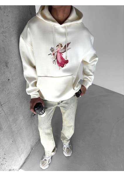 Oversize Hero Angel Baskılı Sweatshirt Bej