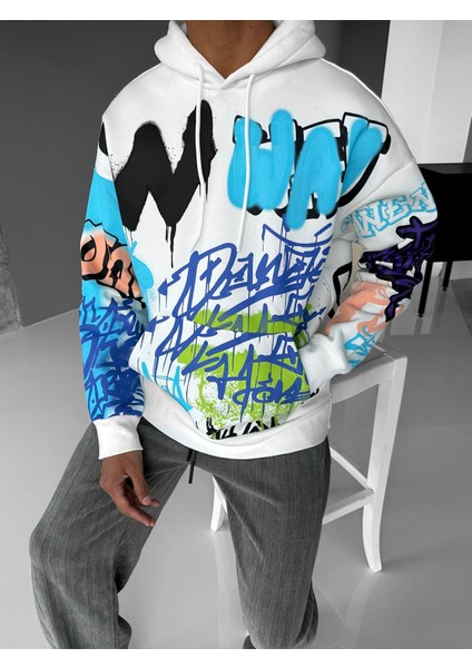 Abluka Online Oversize Graffiti Kapşonlu Sweatshirt Beyaz