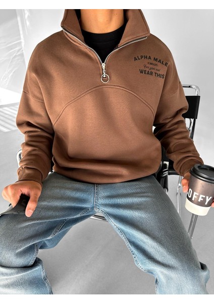 Yarım Fermuarlı Baskılı Sweatshirt Kahverengi