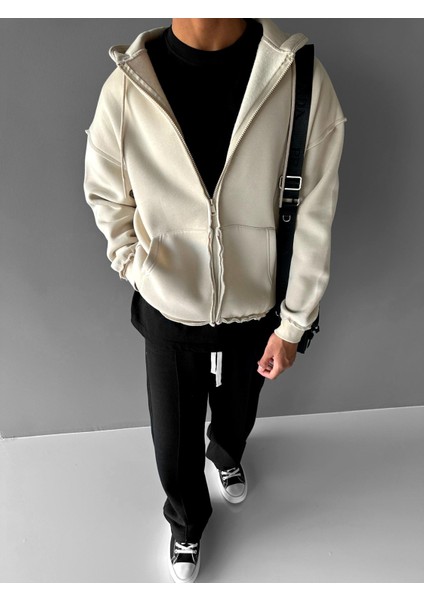 Oversize Fermuarlı Zip Hoodie Bej