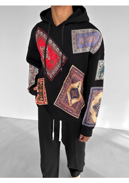 Oversize Kilim Yamalı Hoodie Siyah