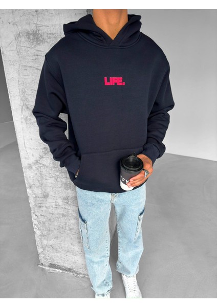 Oversize Life Baskılı Hoodie Siyah