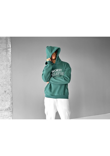 Abluka Online Oversize Nakışlı Kapüşonlu Sweatshirt Yeşil