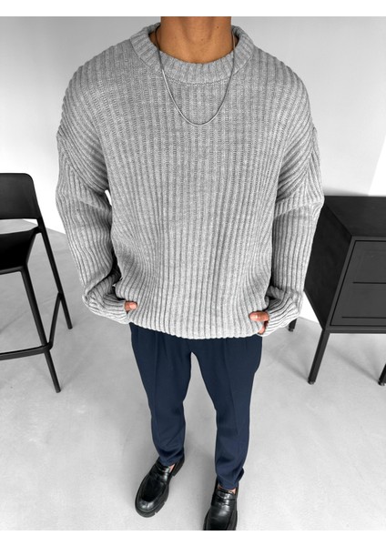 Extra Oversize Fitilli Örme Kazak Gri