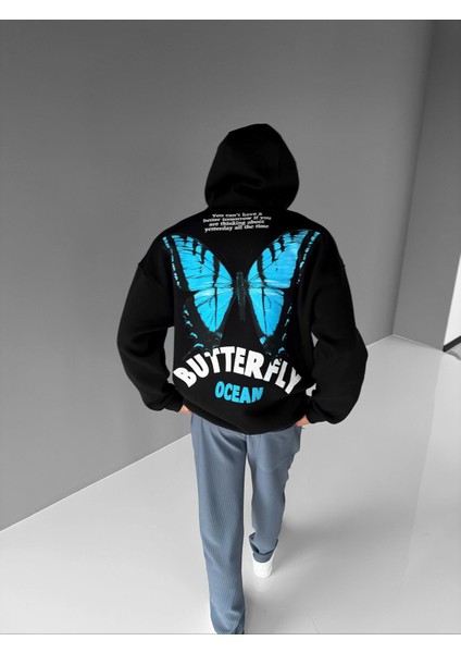 Abluka Online Oversize Butterfly Baskılı Hoodie Siyah