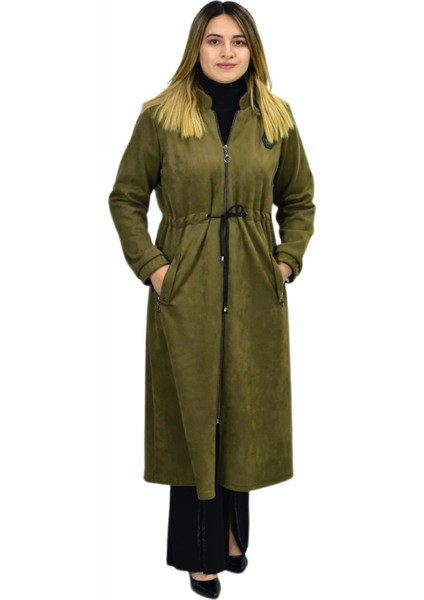 Kadın Kışlık Cepli Fermuarlı Kapüşonlu Süet Kap Tunik BGL-ST03306