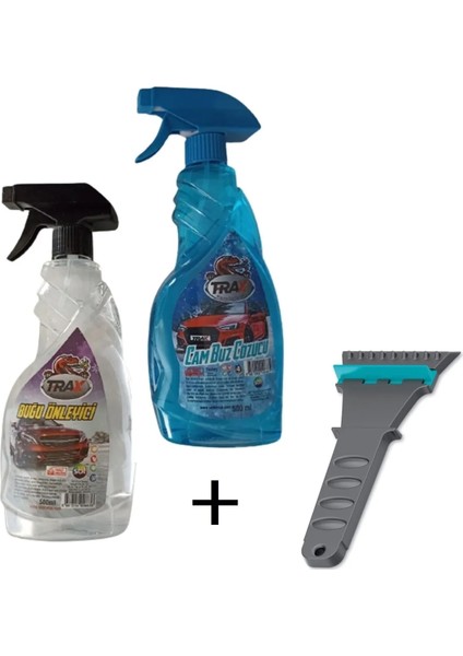 Oto Cam Buz Çözücü Sprey (500ML) + Araç Buğu Önleyici (500ML) + Araba Buz Kazıyıcı Oto 3’lü Kış Set
