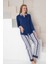 Kadın Pijama Takımı Lacivert Çizgili Lilralı Önden Düğmeli 2