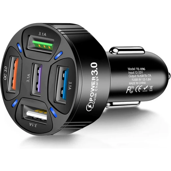 Kamardey Qc3.0 5 Port Çıkışlı Çoklu USB Araç Içi Çakmaklık Hızlı Şarj Aleti Araç Şarjı