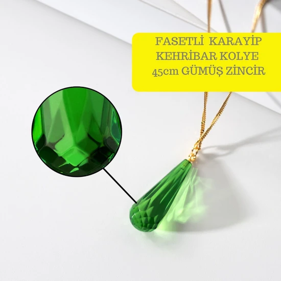 Sertifikalı Karayip Damla Kehribar Kolye,yeşil Fasetli Damla Kesim Gümüş Altın Kaplama 45CM Zincir