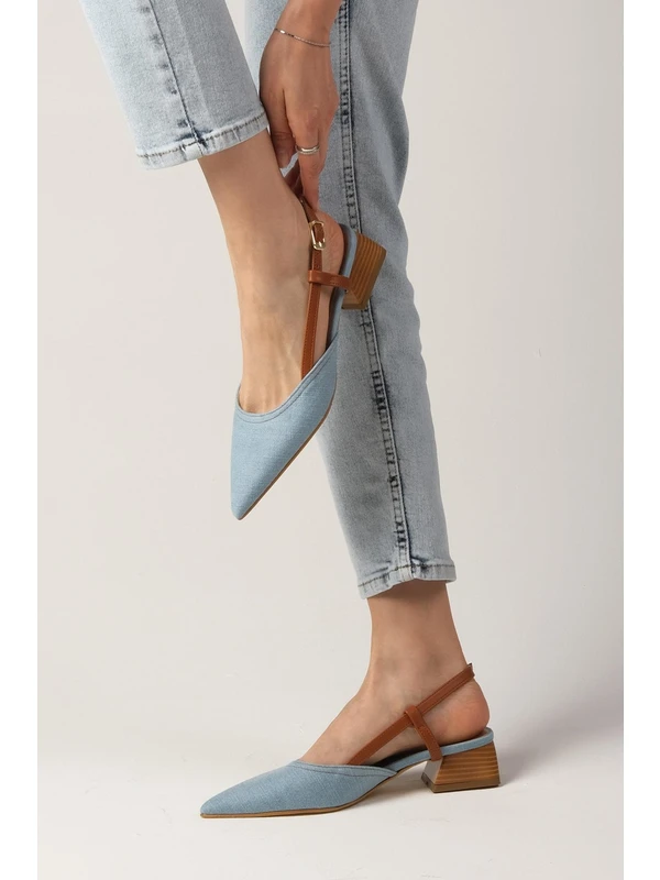 Mio Gusto Carly Mavi Renk Denim Kumaş  Arkası Açık Kadın Kısa Topuklu Kot Ayakkabı