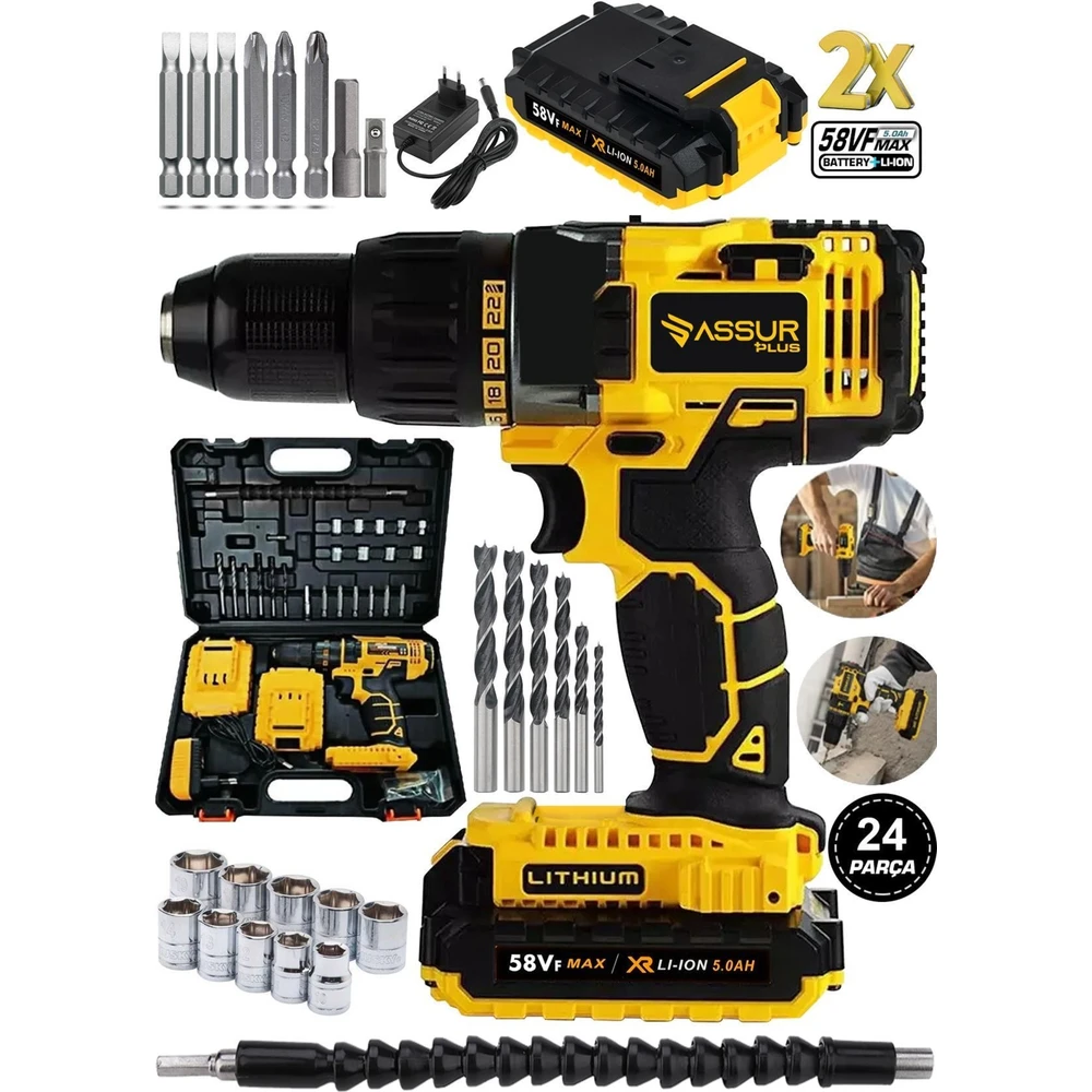 Assur 12V Çift Akülü Vidalama Metal Şanzıman Bakır Sargılı Şarjlı Matkap