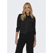 Only Normal Gömlek Yaka Düz Siyah Kadın Gömlek Onlmette Short Contrast Ls Shırt Wv