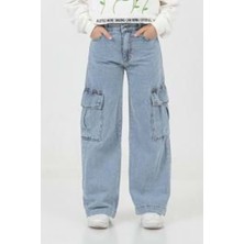 Hopi Kids Kargo Cepli Ayarlanabilir Belli Bol Paça Kız Kot Pantolon- Mavi - 8-9 Yaş