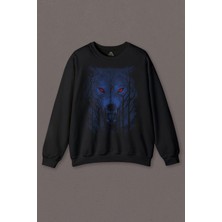 So Cool Gece Vahşi Ormada Bozkurt Bordo Maviz Gözlü Kurt Wolf Baskılı Sweatshirt