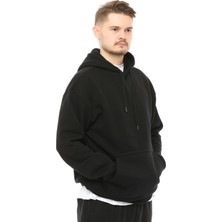 Defy's Shark Erkek Tüylenme Yapmayan Geniş Kalıp İçi Polarlı 3 İplik Siyah Kapüşonlu Basic Sweatshirt