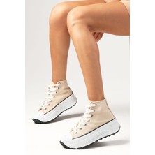 Mio Gusto Bendis Bej Renk Keten Kalın Tabanlı Yüksek Bilekli Günlük Kadın Sneaker Ayakkabı