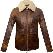 Süvari Slim Fit Çıkma Yaka Deri Içi Kürklü Kahverengi Erkek Mont