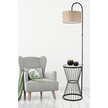 Begüsa Aytuğ Sehpa Lambader Siyah Mermer Ahşap Hasır Şapka