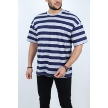 Frezzbi Erkek Basic Çizgili %100 Pamuklu Bisiklet Yaka Oversize Kısa Kollu T-Shirt