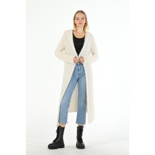 SiFu Tekstil Kadın Fashıon Model Tüylü Kapişonlu Spor Uzun Triko Hırka