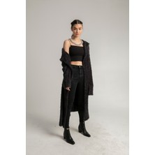 SiFu Tekstil Kadın Fashıon Model Tüylü Kapişonlu Spor Uzun Triko Hırka