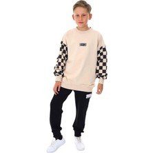 Ekko Erkek Çocuk East Coast Yazılı Kolları Dama Desenli Sweatshirt