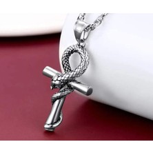 Viking Paslanmaz Kararmaz Çelik Yılan Detaylı Antik Mısır Ankh Kolye / Yaşam Anahtar Kolye