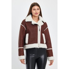 Nero Leather Fur Beyaz Tüy Krop Avıator Kadın Kürk Ceket