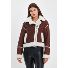 Nero Leather Fur Beyaz Tüy Krop Avıator Kadın Kürk Ceket