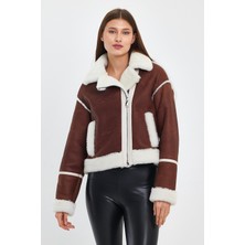 Nero Leather Fur Beyaz Tüy Krop Avıator Kadın Kürk Ceket