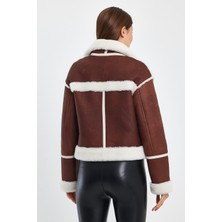 Nero Leather Fur Beyaz Tüy Krop Avıator Kadın Kürk Ceket