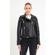 Nero Leather Fur Çift Fermuarlı Kapitone Detaylı Kadın Biker Siyah Deri Ceket