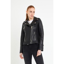 Nero Leather Fur Çift Fermuarlı Kapitone Detaylı Kadın Biker Siyah Deri Ceket