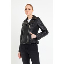 Nero Leather Fur Çift Fermuarlı Kapitone Detaylı Kadın Biker Siyah Deri Ceket