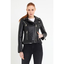 Nero Leather Fur Çift Fermuarlı Kapitone Detaylı Kadın Biker Siyah Deri Ceket