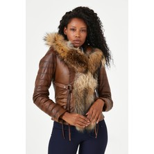 Nero Leather Fur Dikiş Detaylı Kapüşon Kenarı Rakun Kürklü Kadın Deri Ceket