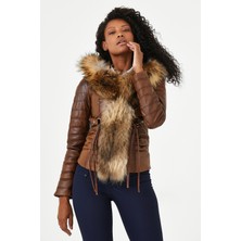 Nero Leather Fur Dikiş Detaylı Kapüşon Kenarı Rakun Kürklü Kadın Deri Ceket