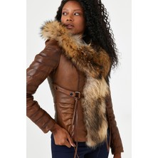 Nero Leather Fur Dikiş Detaylı Kapüşon Kenarı Rakun Kürklü Kadın Deri Ceket