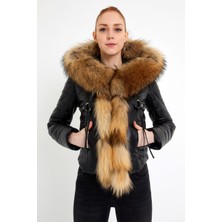 Nero Leather Fur Dikiş Detaylı Kapüşon Kenarı Rakun Kürklü Kadın Deri Ceket